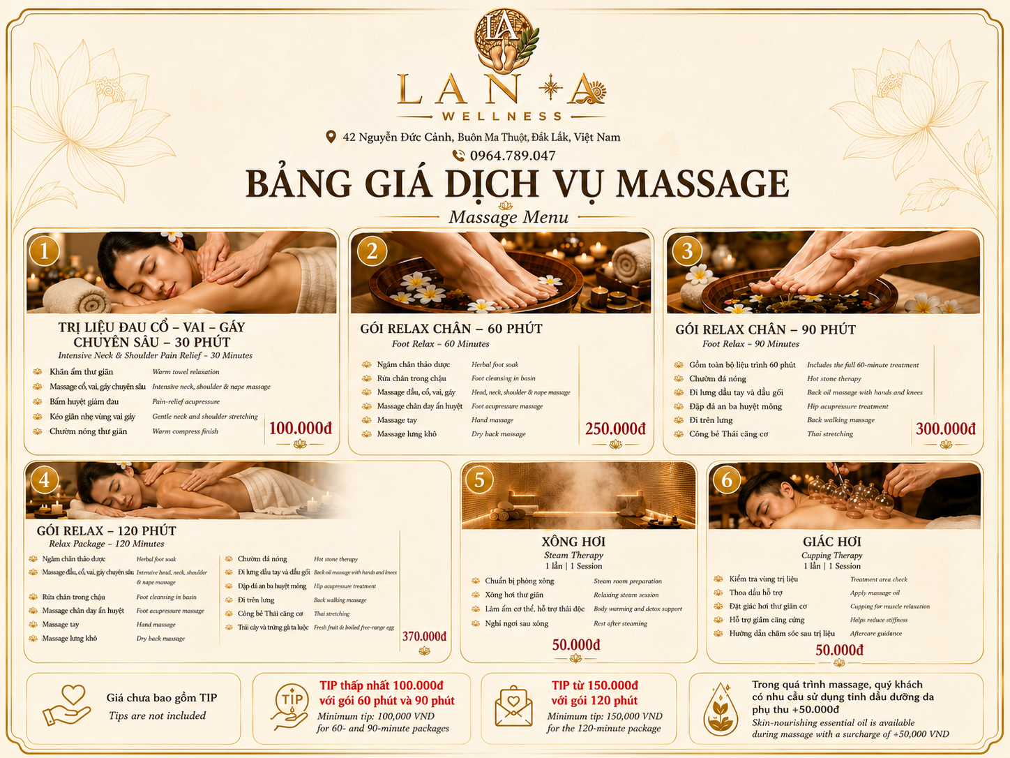 Bảng giá dịch vụ massage Lana Wellness